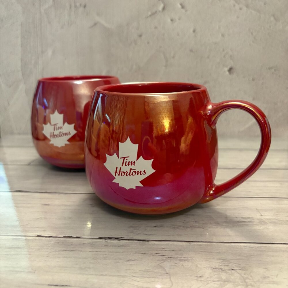 Tim Hortons Red Iridescent Mugs Maple Leaf  2020 x 2 Coffee Mugs (SKU: 190MI)